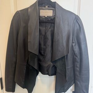 BOD & CHRISTENSEN Black Leather Draped Open-Front Jacket